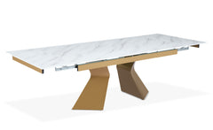 Table à manger extensible Icaria en Verre effet Marbre Blanc et pieds Or