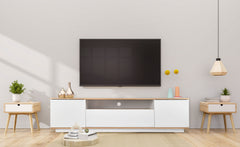 Meuble TV Bisane bois clair et blanc L180 cm design linéaire