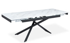 Table extensible en verre effet marbre blanc avec pieds en métal noir