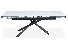 Table extensible en verre effet marbre blanc avec pieds en métal noir