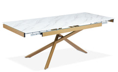 Table extensible Berllo en verre effet marbre blanc avec pieds en or