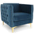 Fauteuil en velours bleu capitonné avec pieds en métal doré