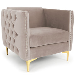 Fauteuil en velours taupe avec accoudoirs capitonnés