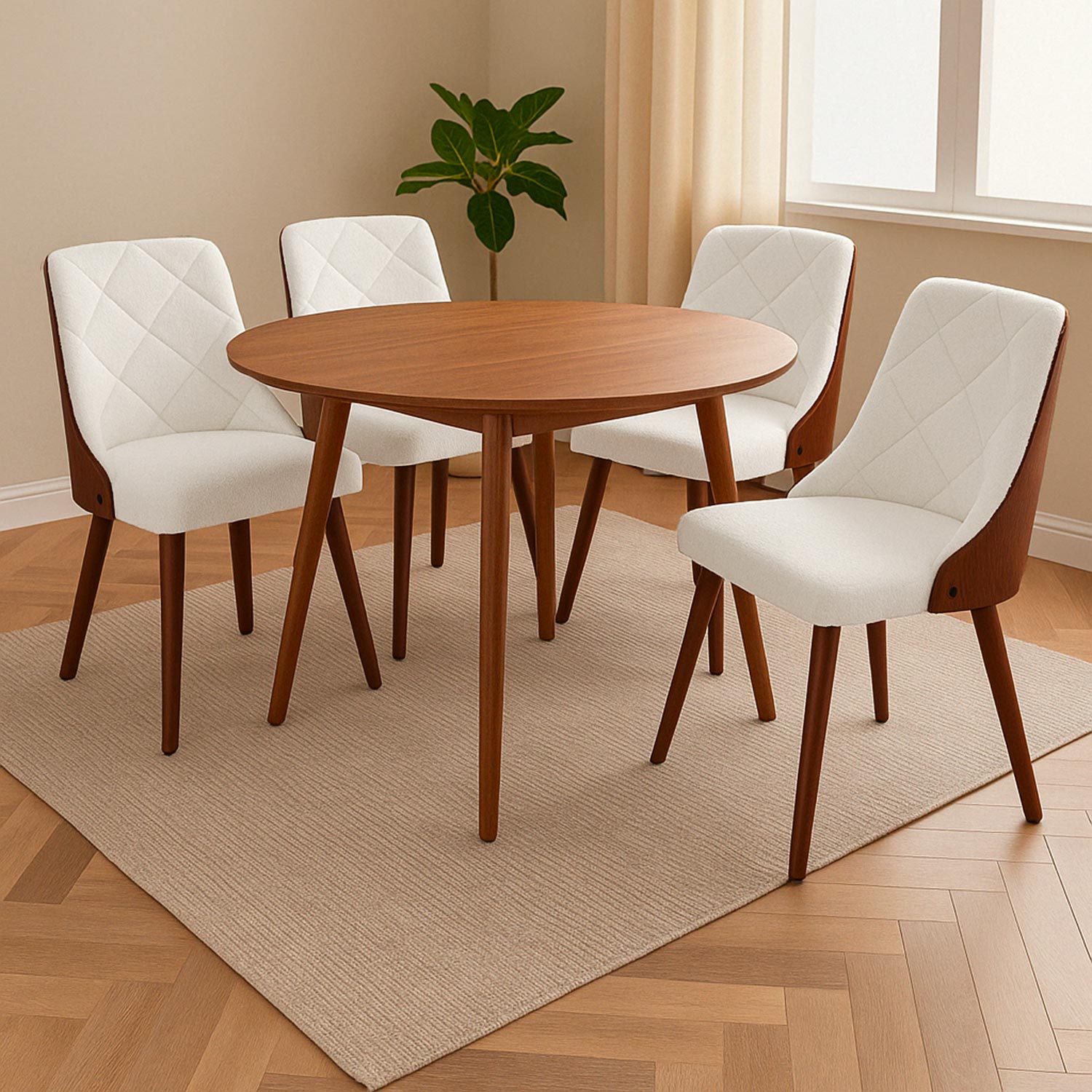 Lot de 4 chaises scandinaves Lalix Bois Noisette & Tissu bouclette Crème