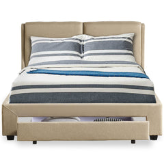 Lit double Frowell avec tiroir de rangement intégré et sommier 140x190cm Tissu Beige