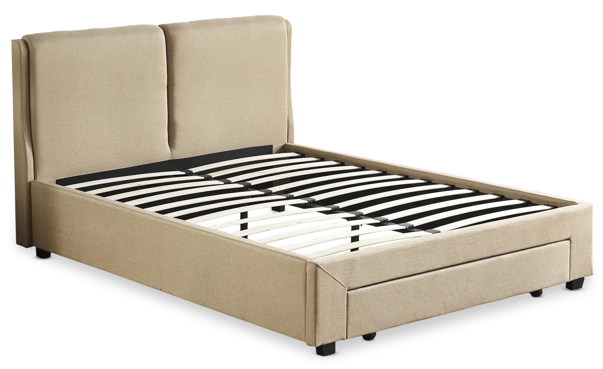 Lit double Frowell avec tiroir de rangement intégré et sommier 140x190cm Tissu Beige