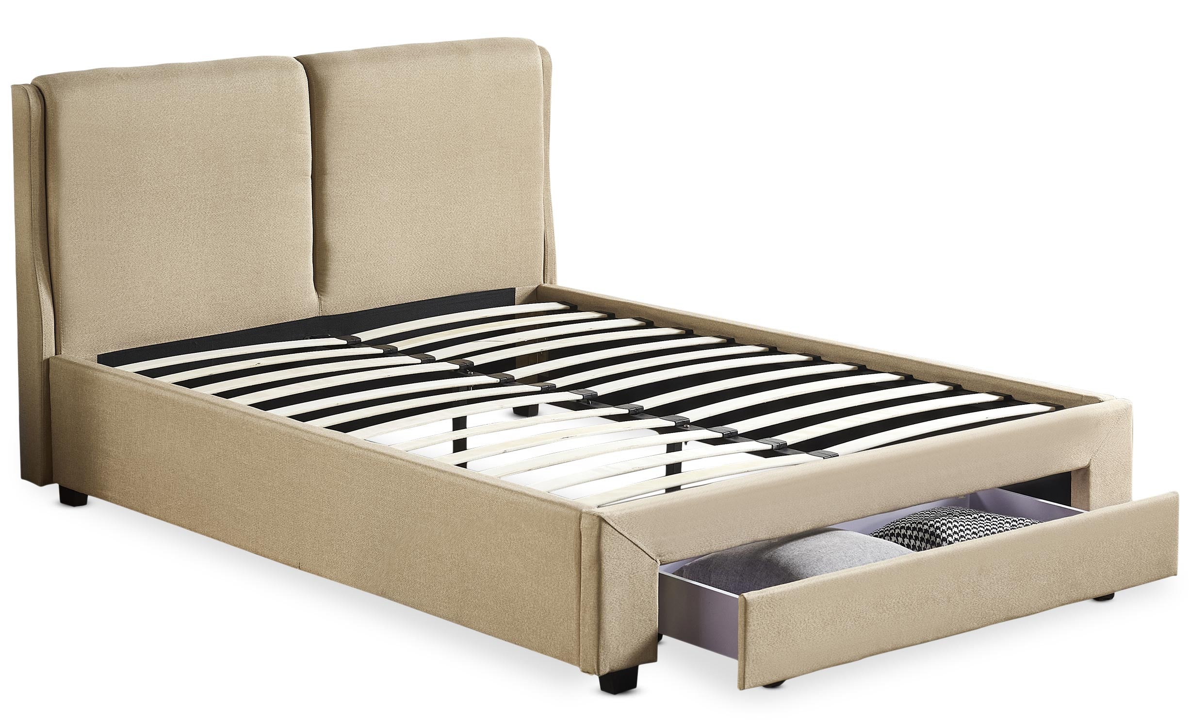 Lit double Frowell avec tiroir de rangement intégré et sommier 140x190cm Tissu Beige