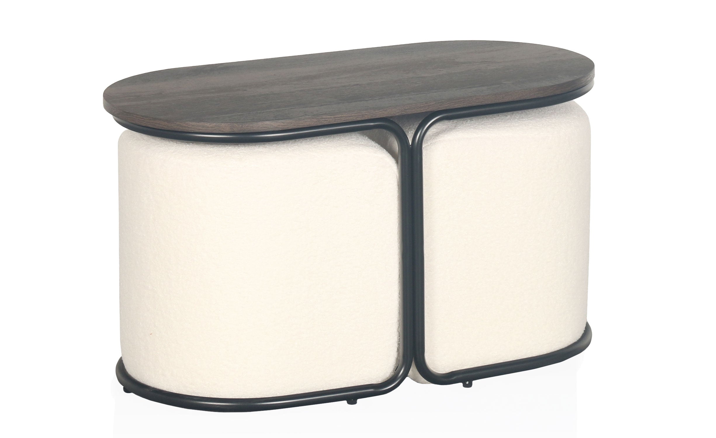 Table basse avec 2 poufs Livaretti Bois foncé et Tissu bouclette Crème