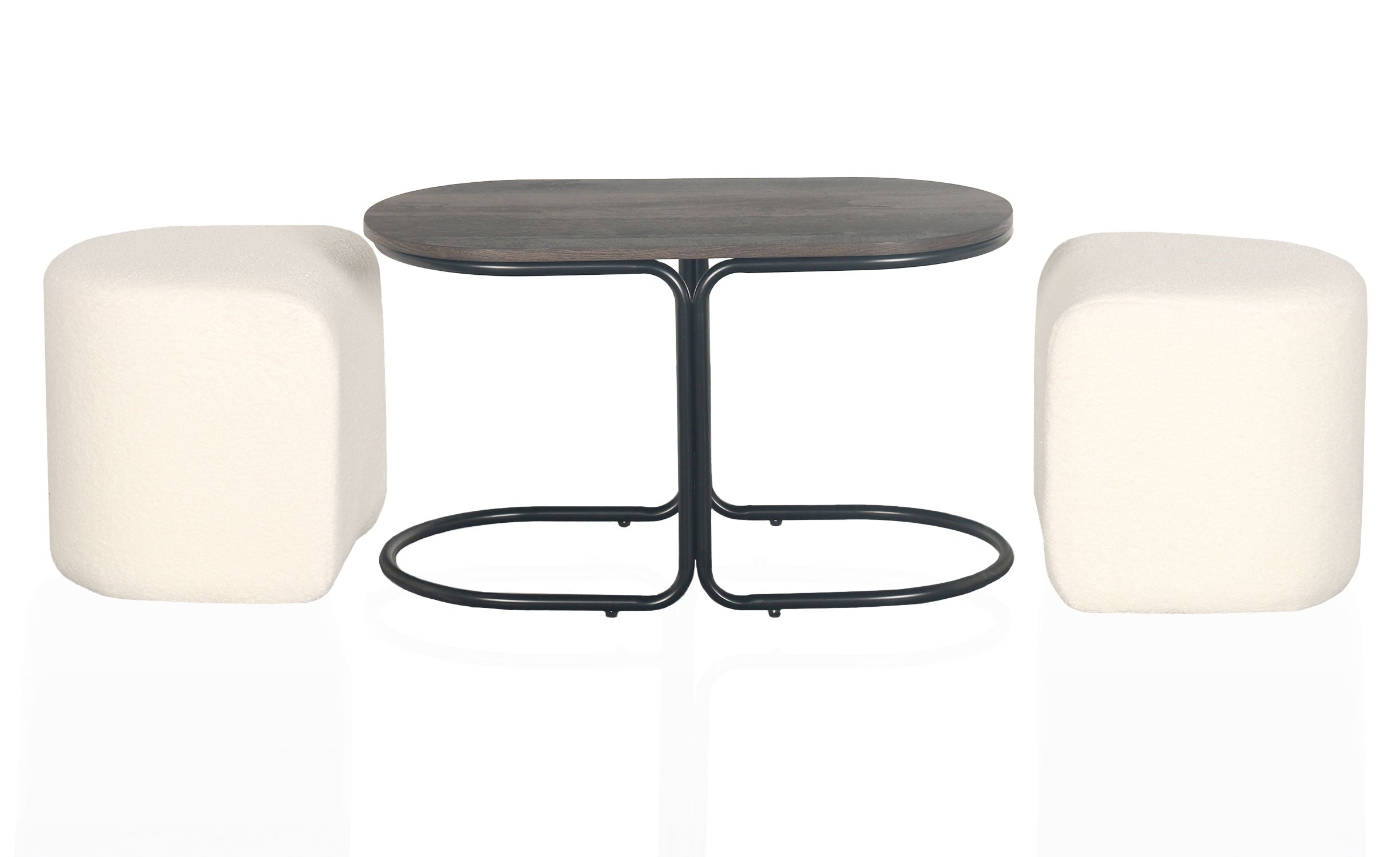 Table basse avec 2 poufs Livaretti Bois foncé et Tissu bouclette Crème