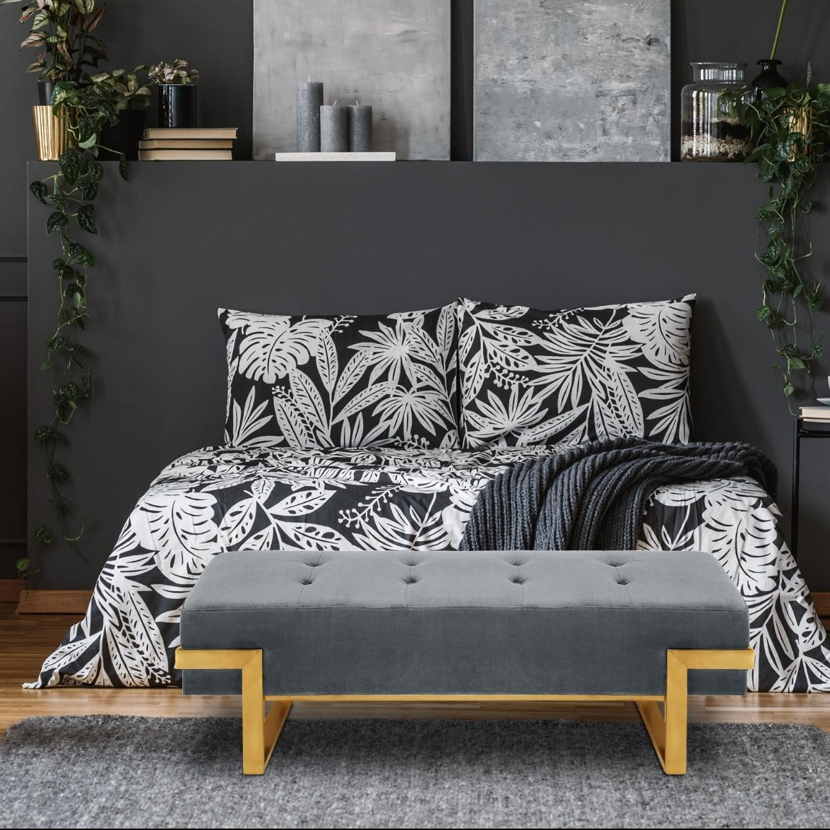 Banquette Istanbul Velours Argent Pieds Or