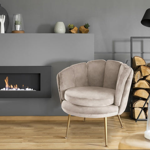Fauteuil rond en velours taupe avec pieds en métal doré