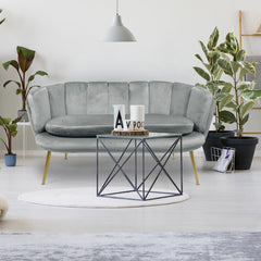Canapé 2 places arrondi Brenda Velours Argent pieds Or