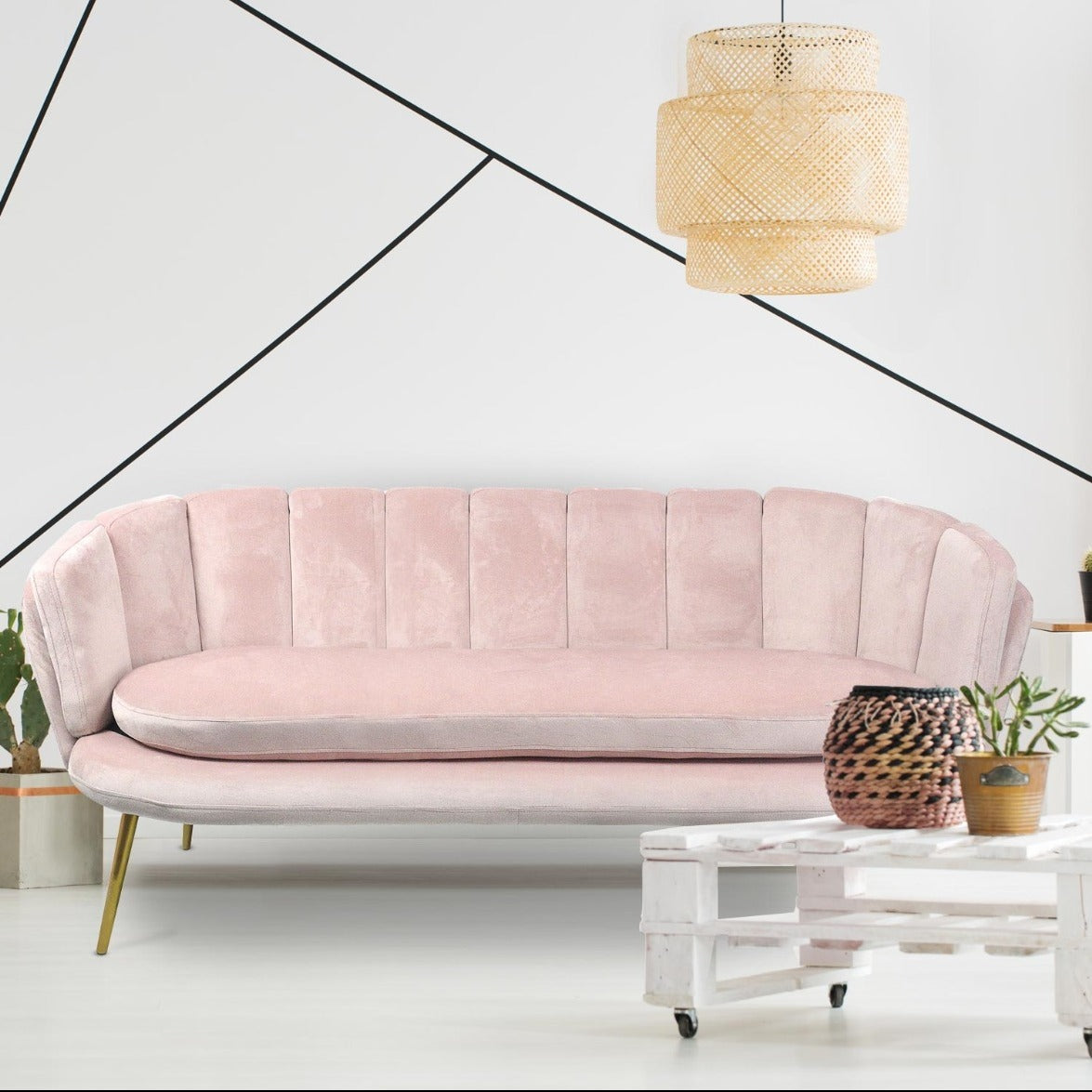 Canapé 3 places arrondi Brenda Velours Rose pieds Or