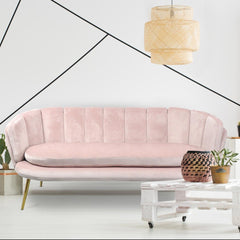 Canapé 3 places arrondi Brenda Velours Rose pieds Or