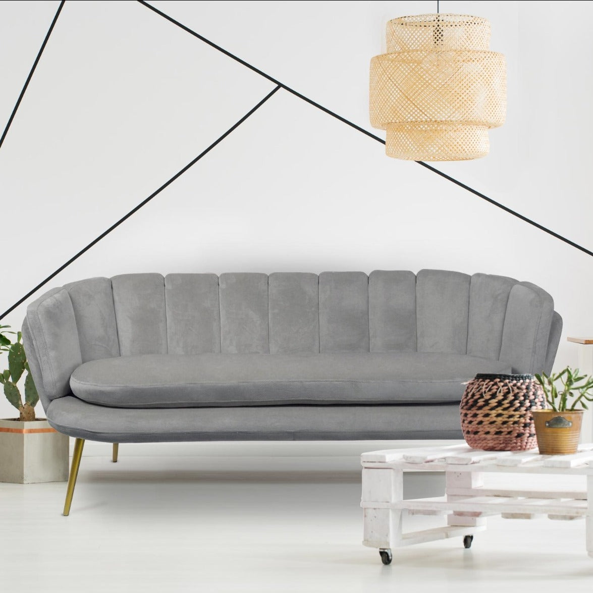 Canapé 3 places arrondi Brenda Velours Argent pieds Or