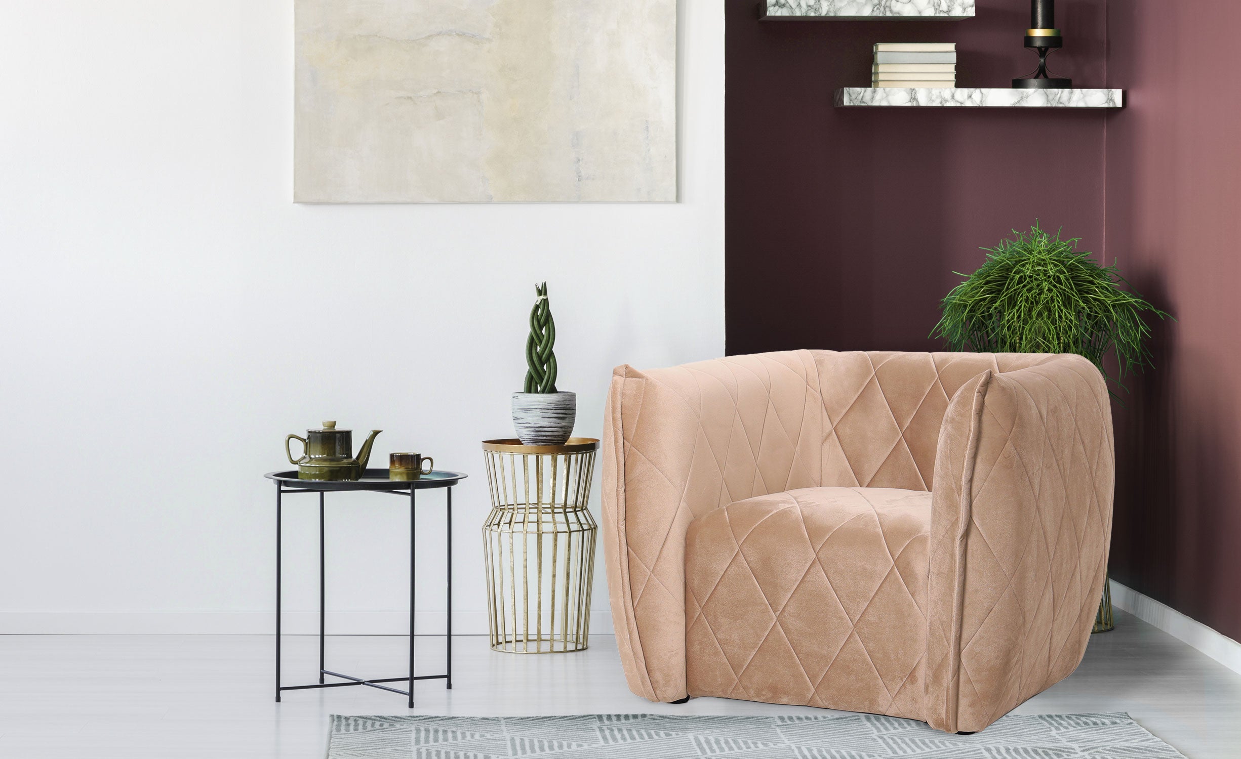 Fauteuil moderne revêtement matelassé Losania Velours Taupe clair