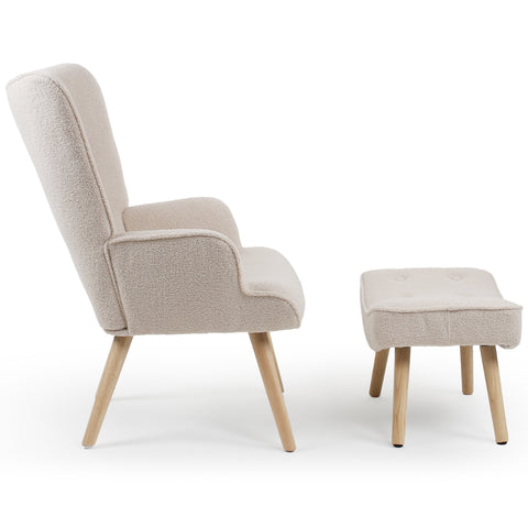 Fauteuil scandinave et pouf en tissu bouclette crème