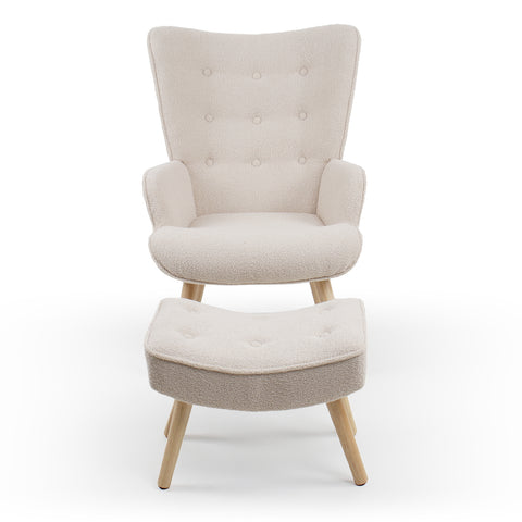 Fauteuil scandinave et pouf en tissu bouclette crème