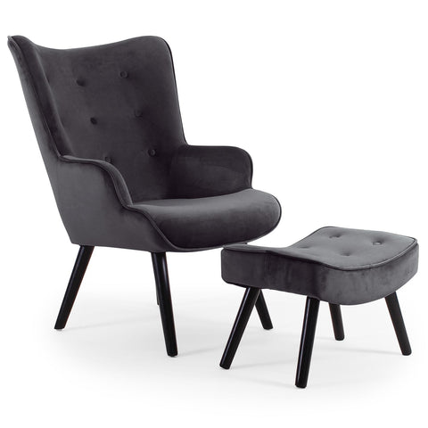 Fauteuil Amani scandinave avec pouf velours noir