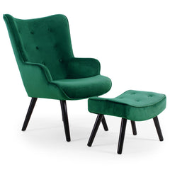 Fauteuil en velours Amani avec pouf vert scandinave