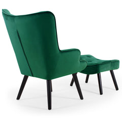 Fauteuil en velours Amani avec pouf vert scandinave
