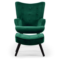 Fauteuil en velours Amani avec pouf vert scandinave