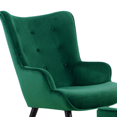Fauteuil en velours Amani avec pouf vert scandinave