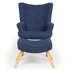 Fauteuil avec pouf Amani scandinave tissu bleu