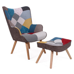 Fauteuil avec pouf Amani en tissu multicolore
