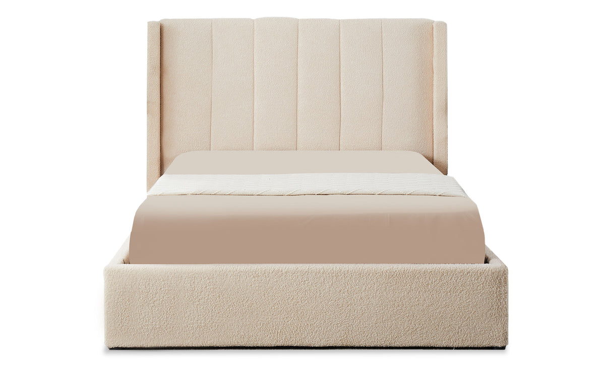 Lit double avec sommier relevable Baccar 140x190cm tissu bouclette crème