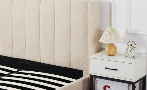 Lit double avec sommier relevable Baccar 140x190cm tissu bouclette crème