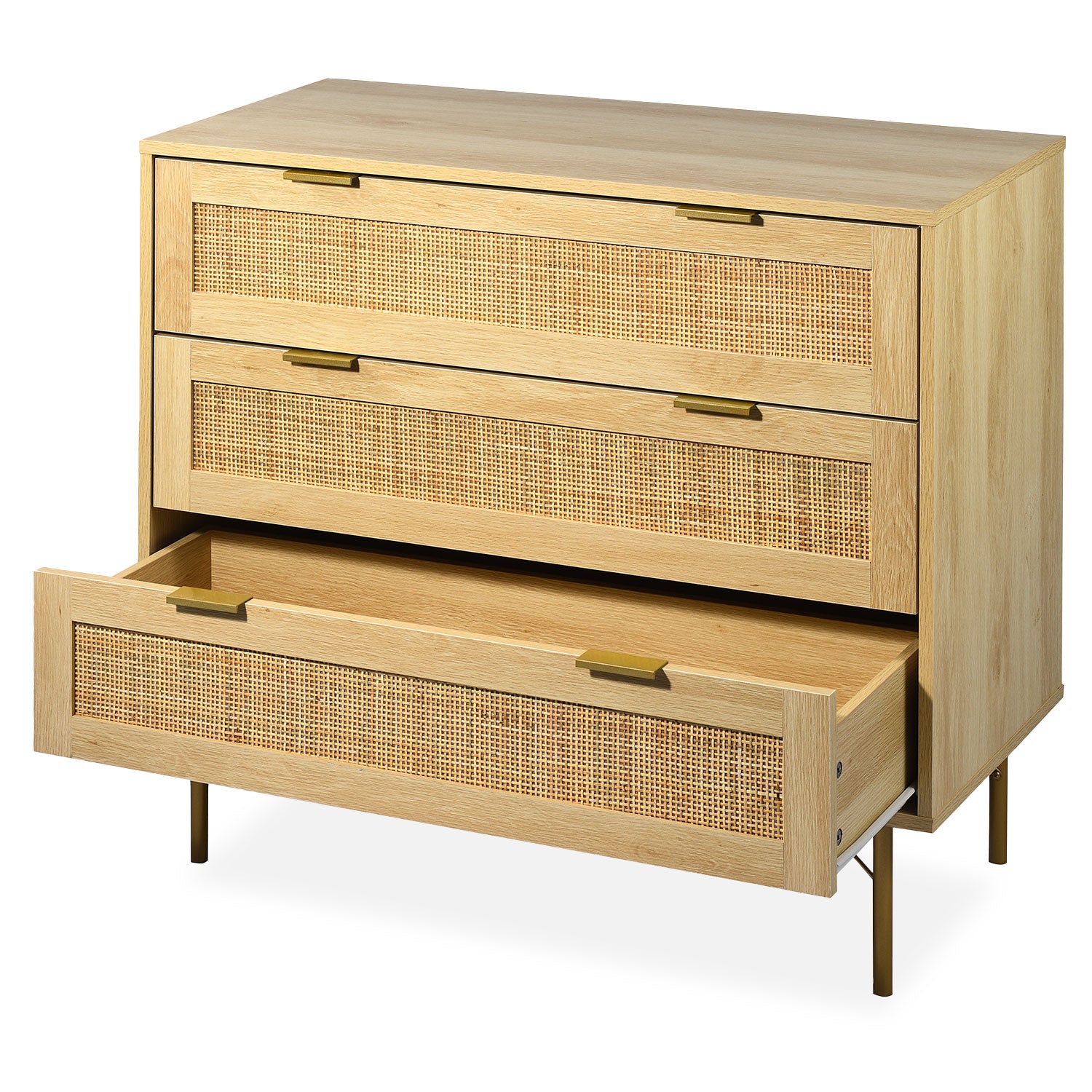 Commode 3 tiroirs Mandelieu Bois clair et Rotin