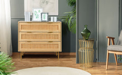 Commode Calys à 3 tiroirs en bois clair et rotin