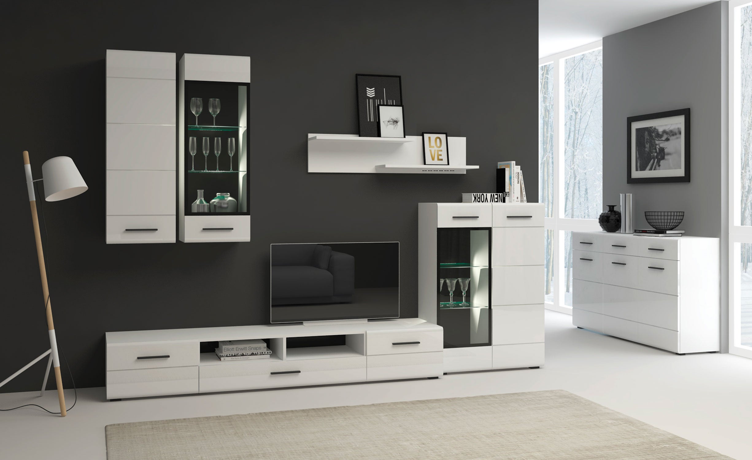 Meuble à étagères avec porte vitrée Biancom L38xH110cm Blanc brillant