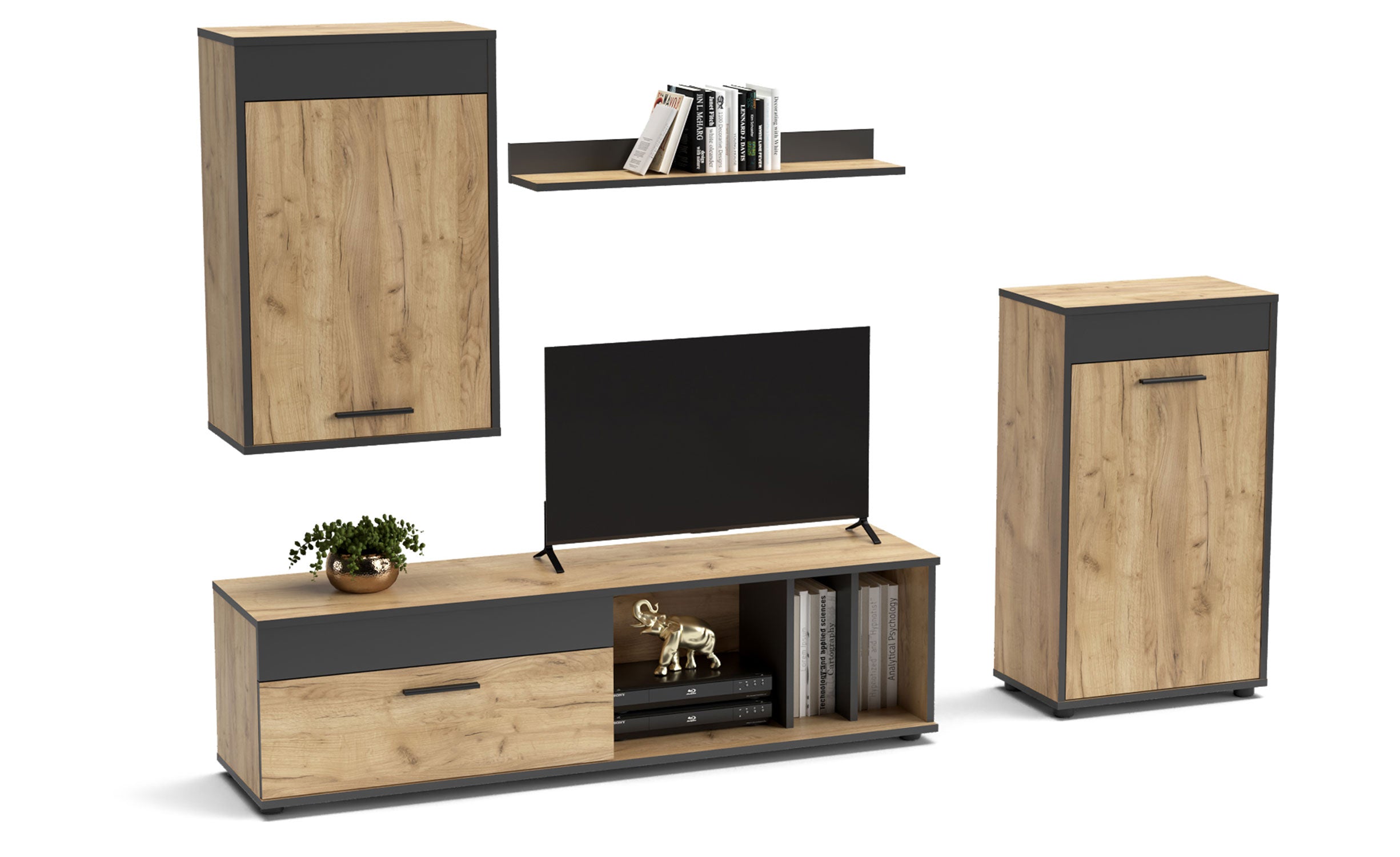 Meuble TV L140cm avec 2 armoires et étagère Sanika Chêne clair et Gris