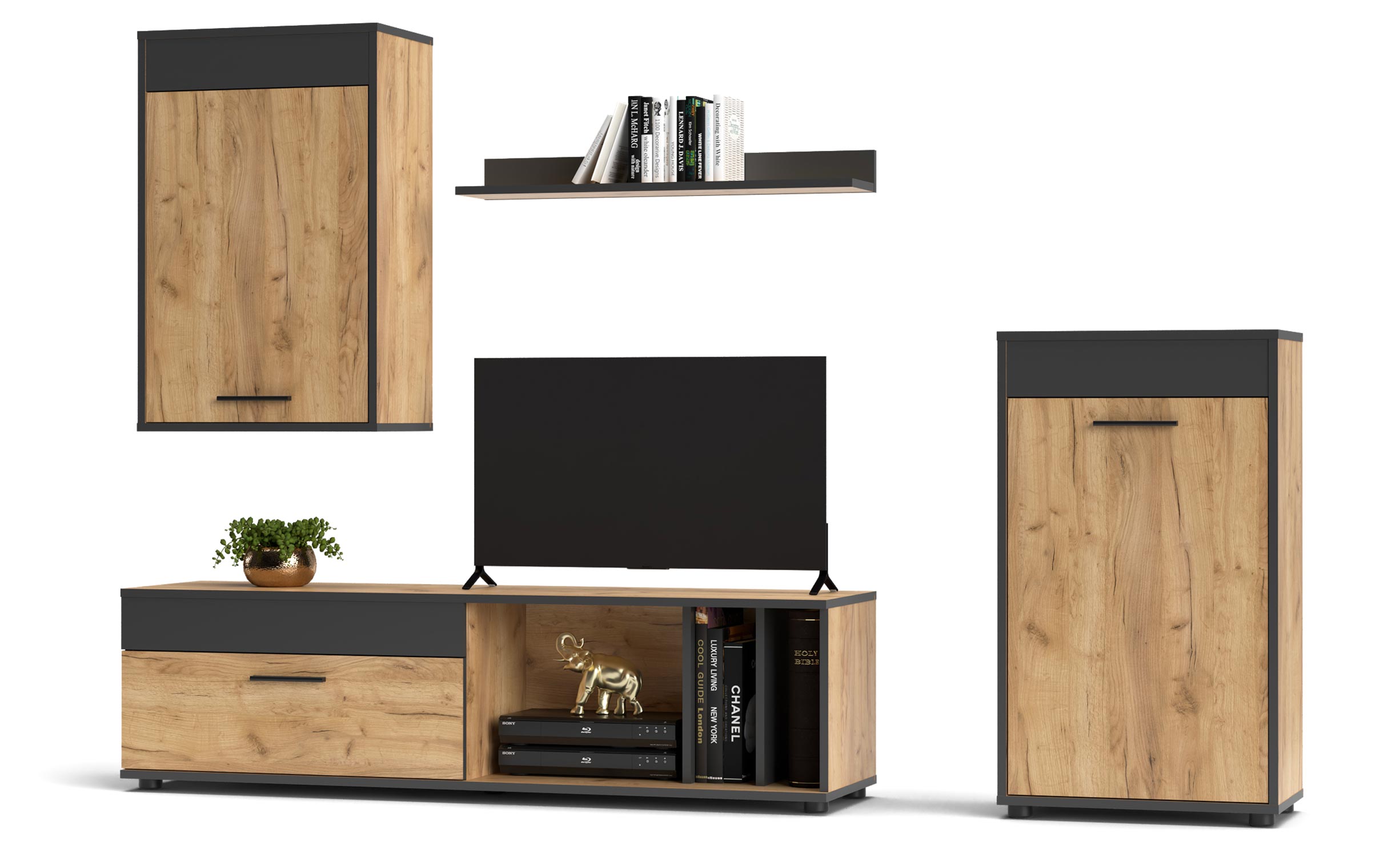 Meuble TV L140cm avec 2 armoires et étagère Sanika Chêne clair et Gris