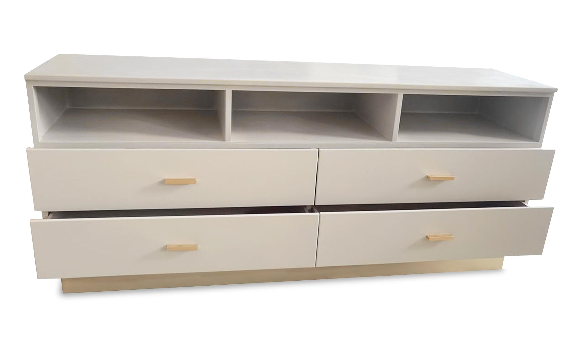 Meuble TV moderne 4 tiroirs Nestor Taupe clair et Or