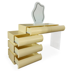 Coiffeuse Cluedo avec miroir et 5 tiroirs arrondis L102cm beige