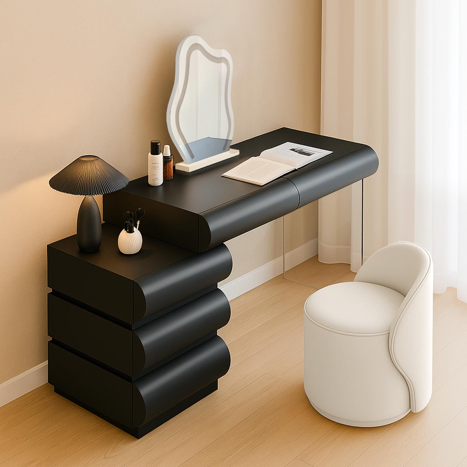 Coiffeuse avec 5 tiroirs arrondis et miroir design L102cm Mezade Noir