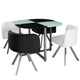 Table carrée en verre avec 4 chaises blanches et noires