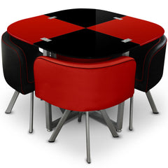 Table carrée Mosaic 90 en verre rouge et noir - pratique gain de place avec ses 4 sièges encastrables