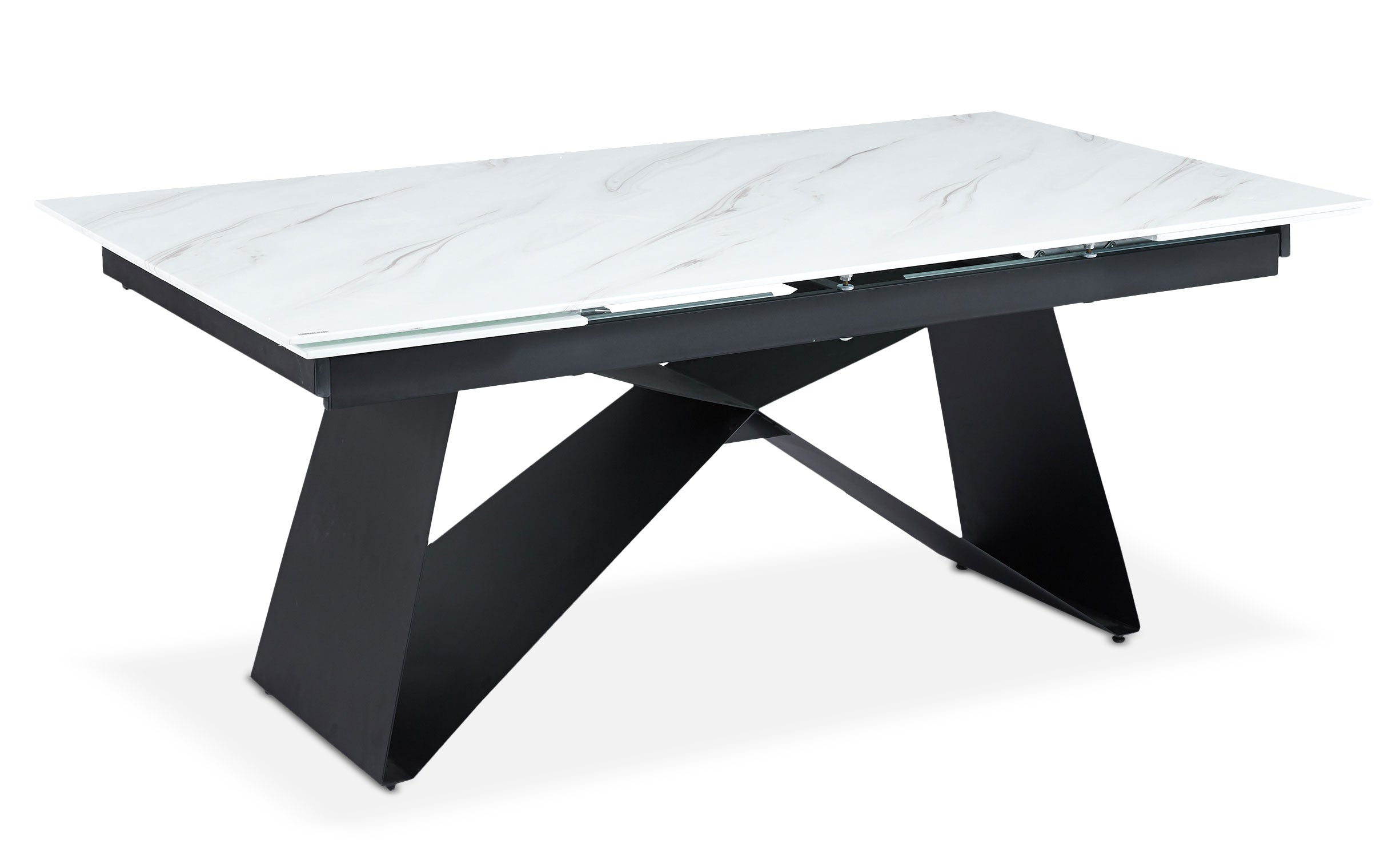 Table à manger extensible Mogarie en Verre effet marbre blanc et pieds Métal Noir