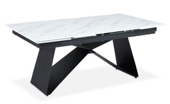 Table à manger extensible Mogarie en Verre effet marbre blanc et pieds Métal Noir