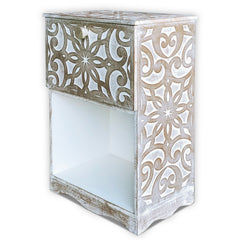 Table de chevet bois sculpté Bornar style oriental 1 porte blanc patiné or