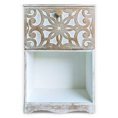 Table de chevet bois sculpté Bornar style oriental 1 porte blanc patiné or