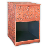 Table de chevet en bois sculpté style oriental avec porte cuivre