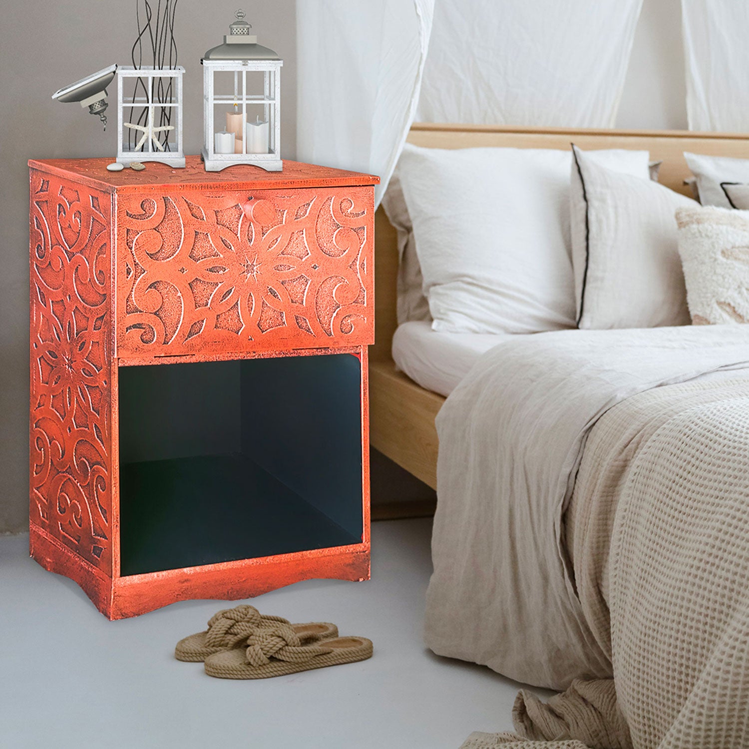 Table de chevet style oriental bois sculpté 1 porte Monbolyto Bois Cuivre