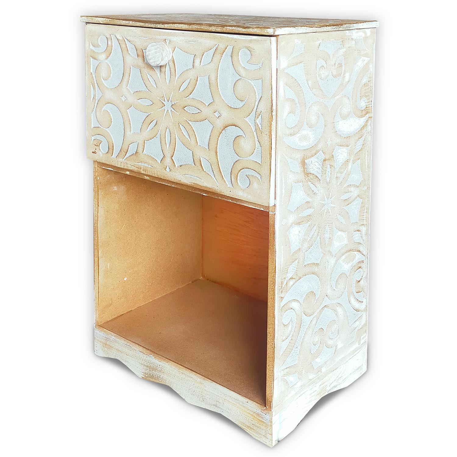Table de chevet style oriental bois sculpté 1 porte Monbolyto Bois Gris