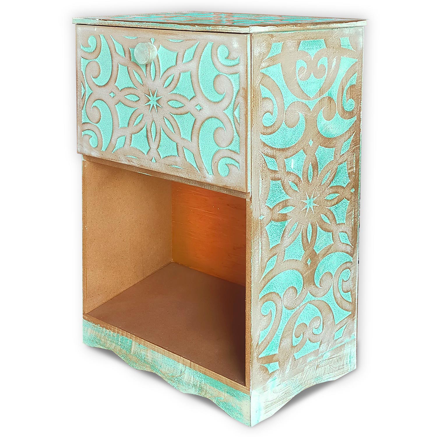 Table de chevet style oriental bois sculpté 1 porte Monbolyto Bois Vert
