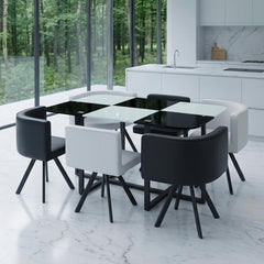 Table 90x150cm avec 6 sièges gain de place Mosaic XL Verre Noir/Blanc et Métal noir